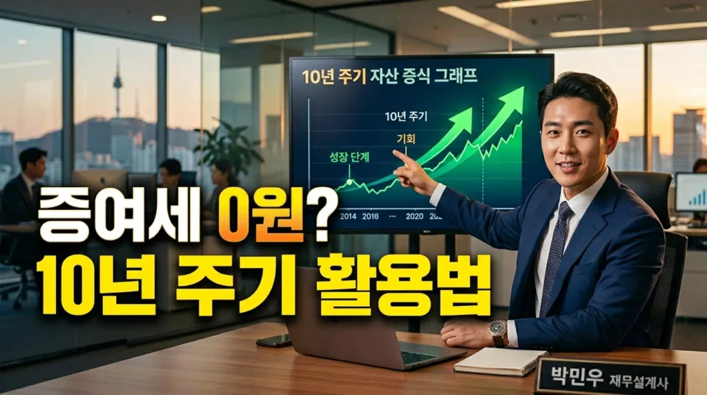 10년 주기 증여를 통한 증여세 면제 한도 활용법을 설명하는 전문가 이미지