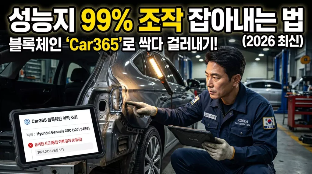 중고차 성능점검기록부 조작 여부를 확인하기 위해 블록체인 이력 앱과 실물 차량의 용접 흔적을 대조하는 전문가 이미지
