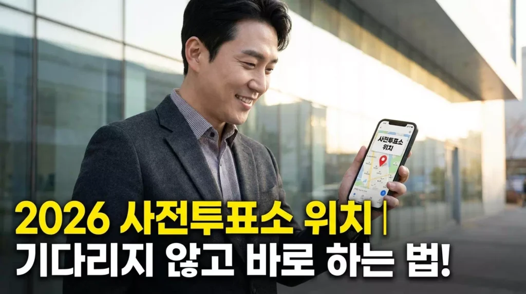 2026년 지방선거 사전투표소 위치와 실시간 대기 현황을 스마트폰으로 확인하며 투표소를 방문하는 유권자의 모습