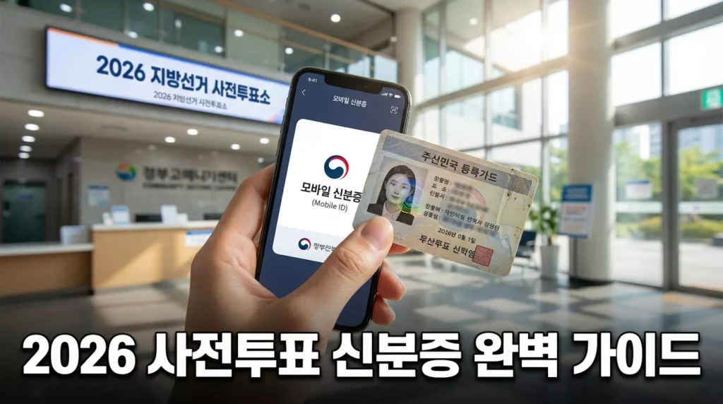 2026 지방선거 사전투표소에서 모바일 신분증과 실물 신분증을 대조하며 확인하는 모습