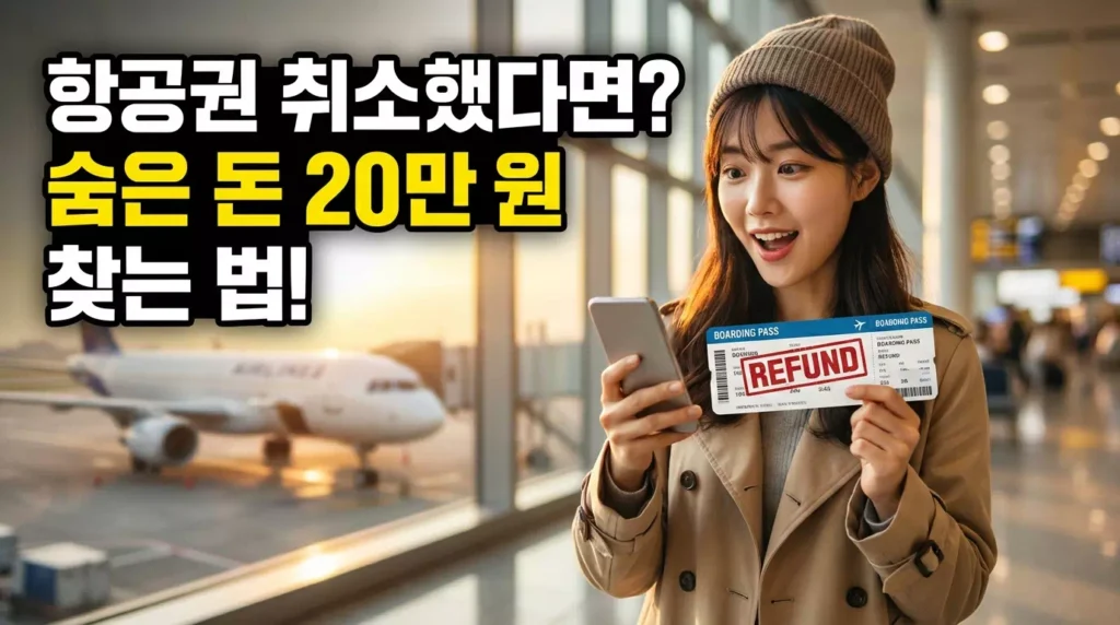항공권 유류할증료 환불 내역을 확인하며 기뻐하는 한국인 여행객 모습